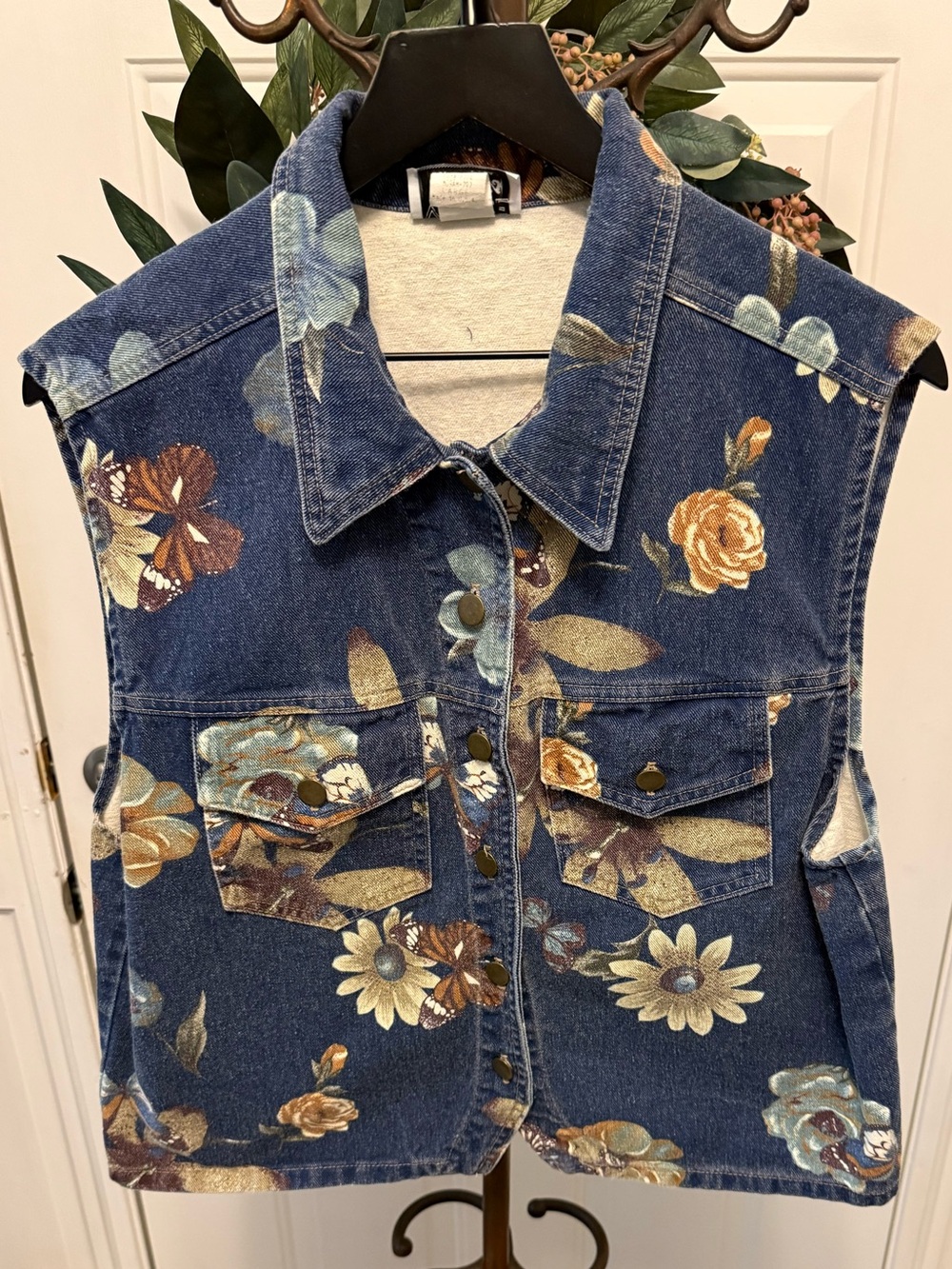 Vintage 80s 90s Venice Blues Floral Butterfly Print Blue Jean Vest L